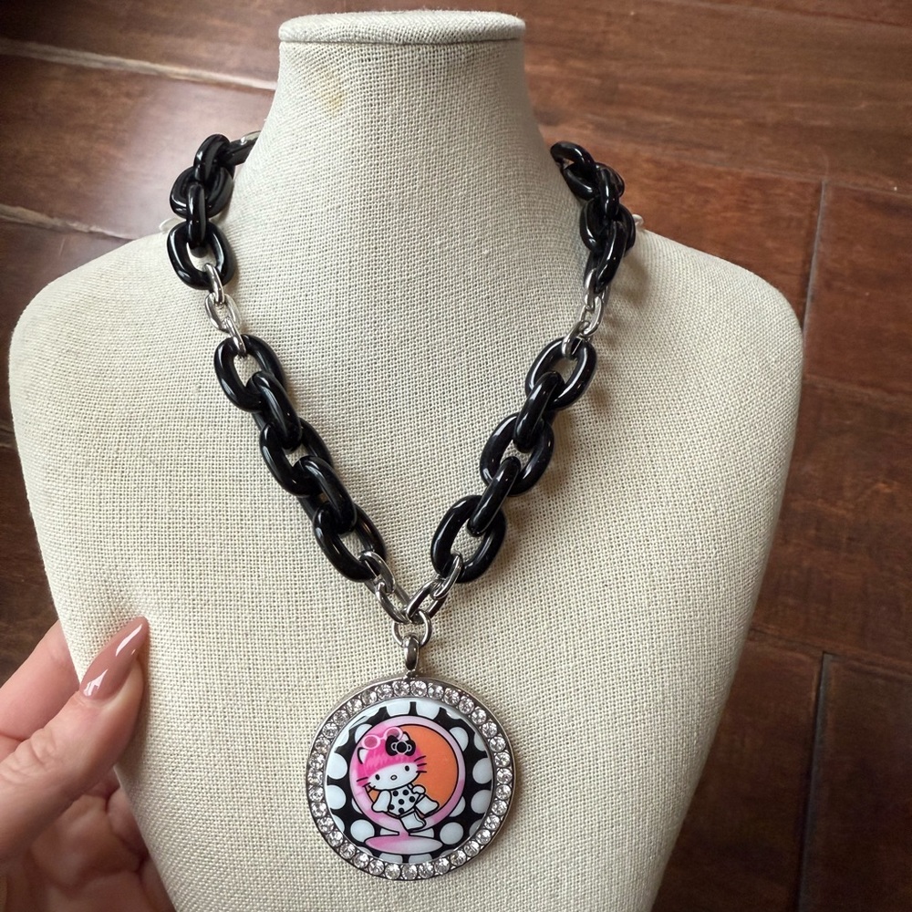 Hello Kitty Black Chain Necklace with Pink & Orange Pendant